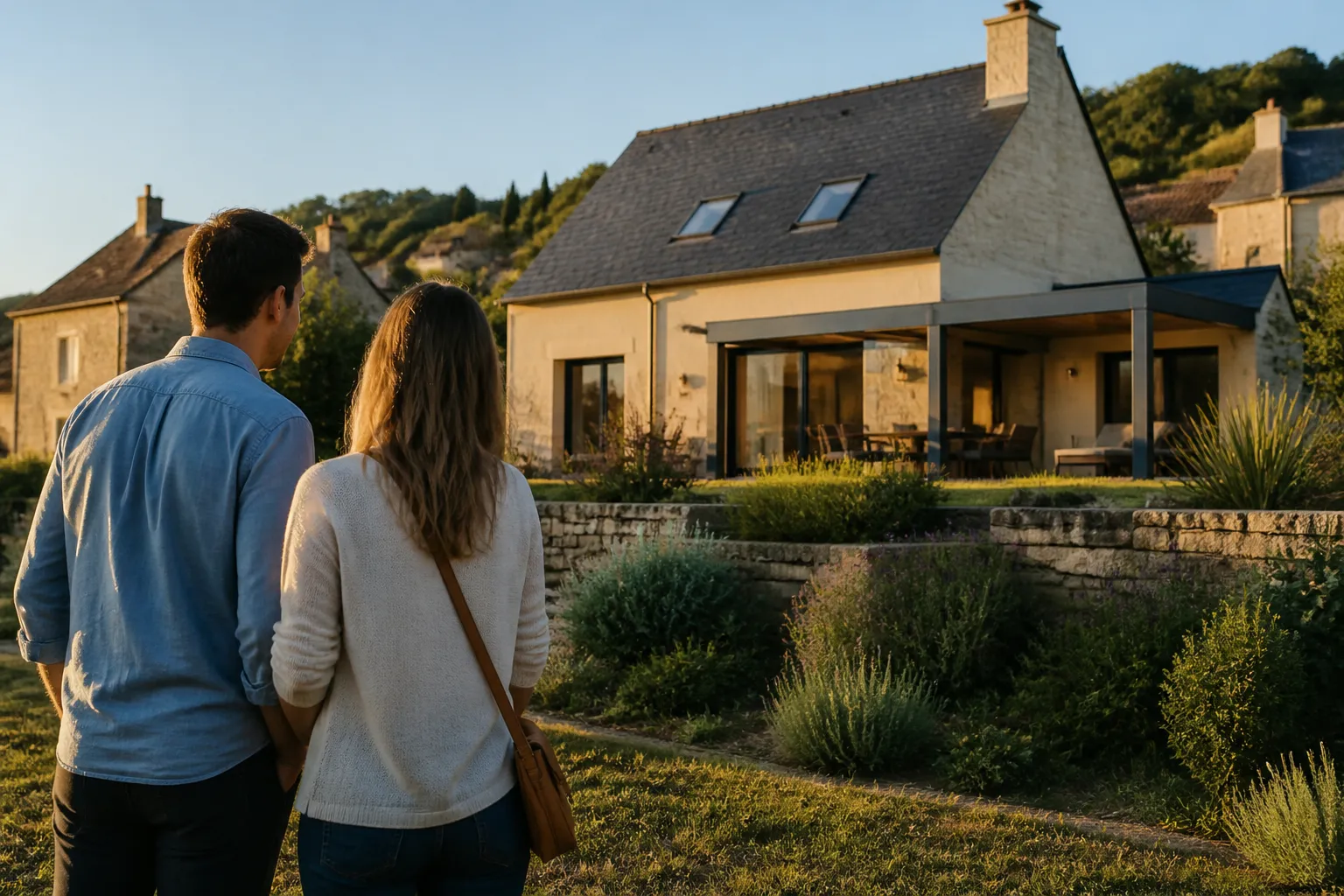 Couple devant une maison neuve en Dordogne