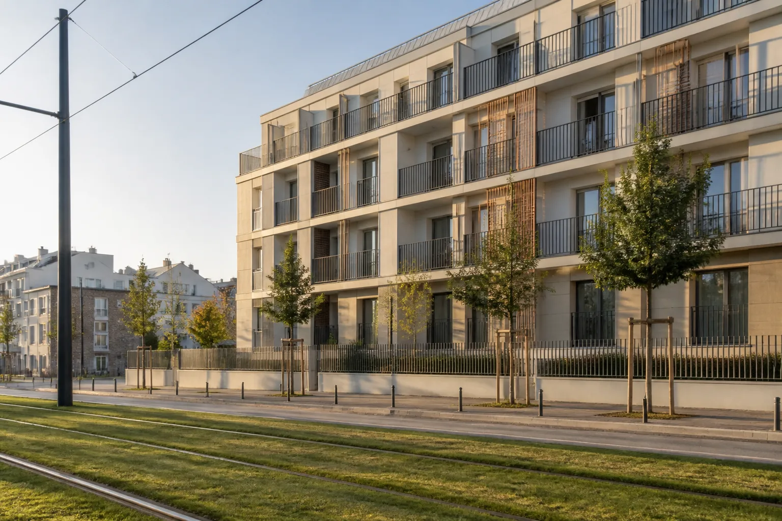 Voies de tramway devant un immeuble neuf