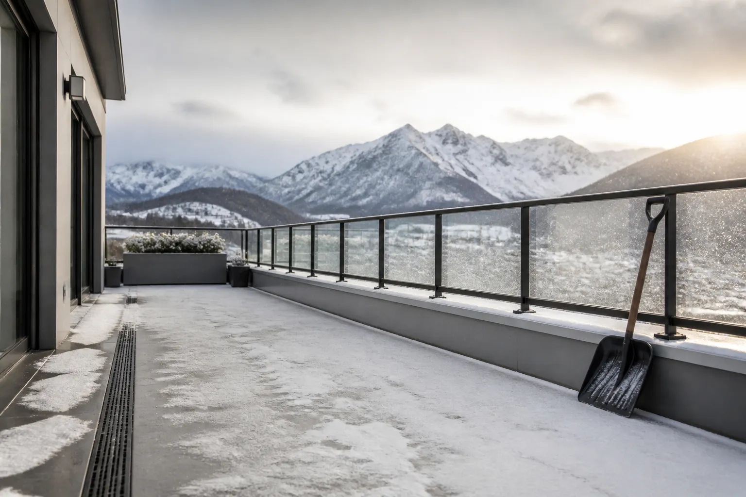 Terrasse enneigee d un appartement neuf