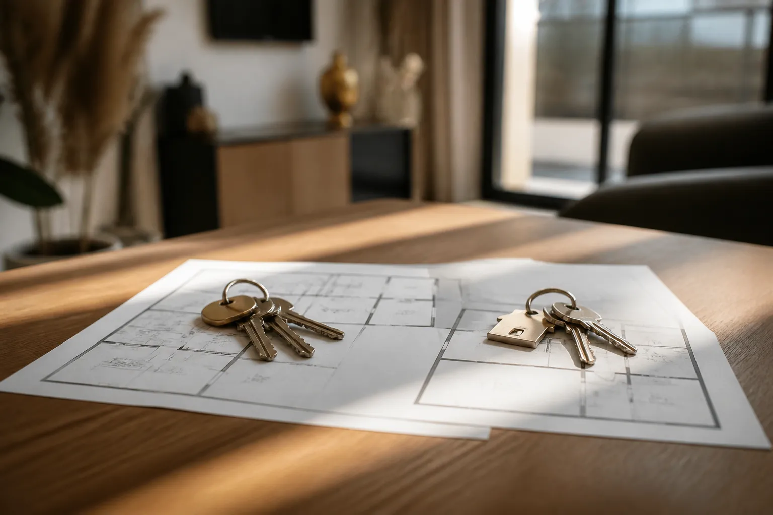 Deux trousseaux de cles sur un plan d appartement