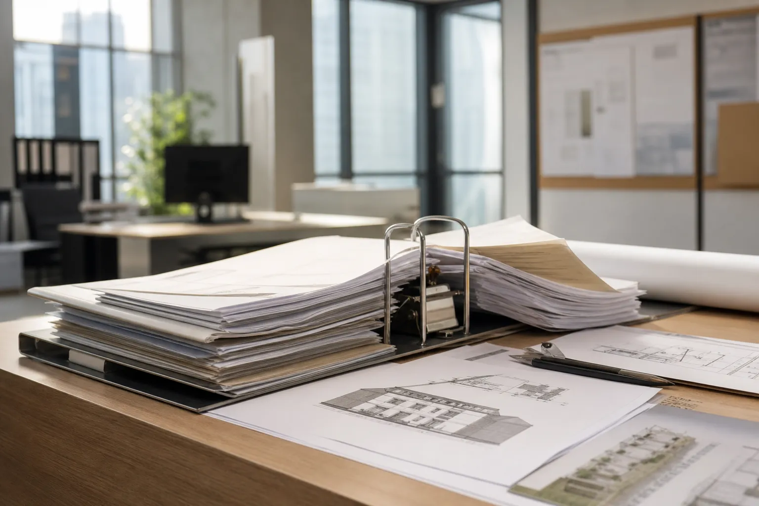 Dossier de permis de construire et plans sur un bureau