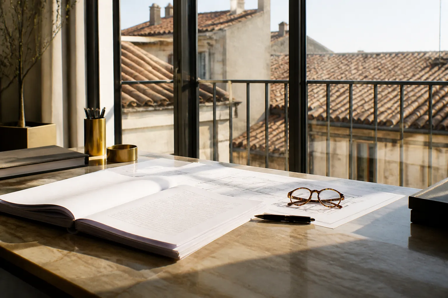 Dossier juridique et plans sur un bureau