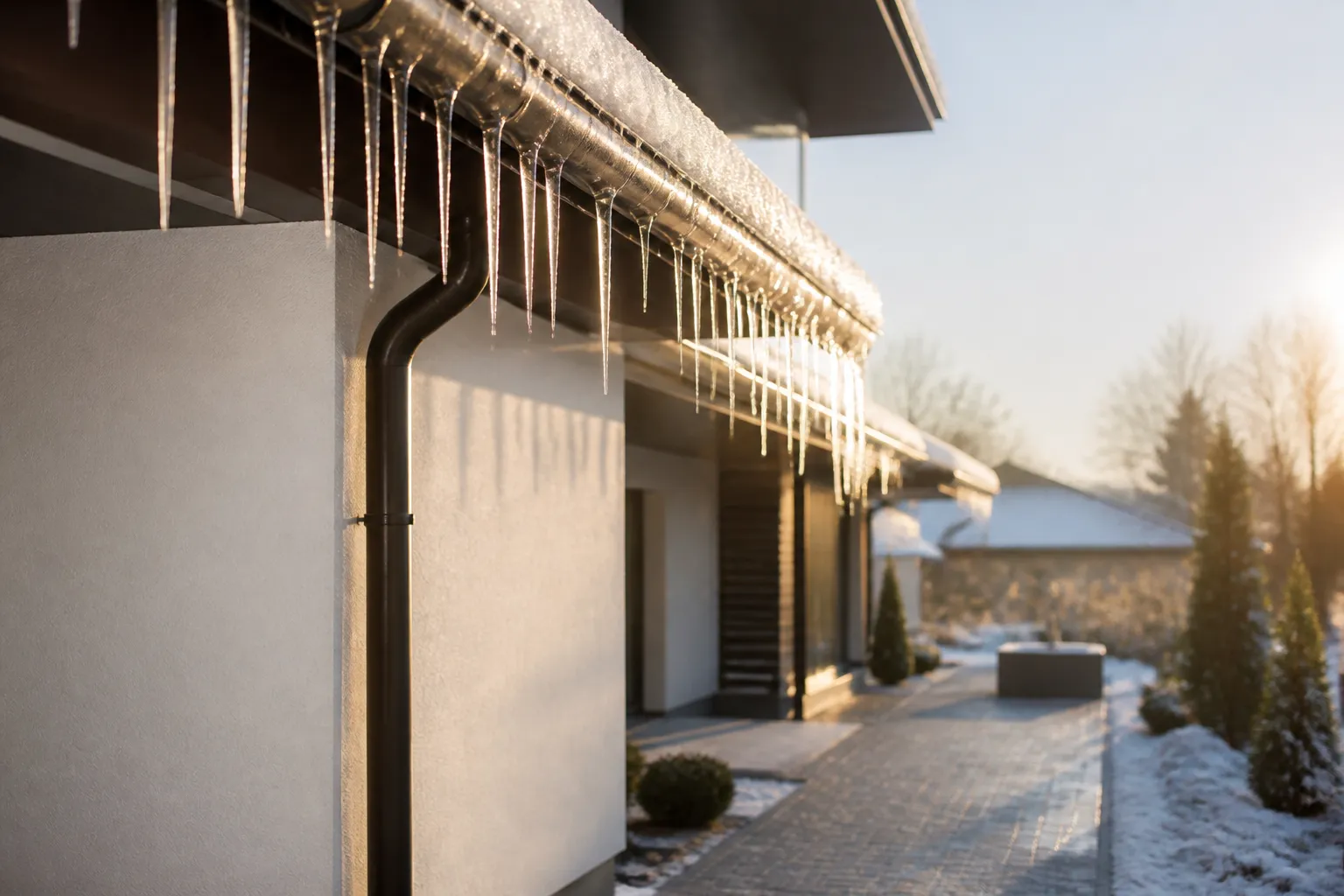 Gouttiere avec glace sur une residence neuve