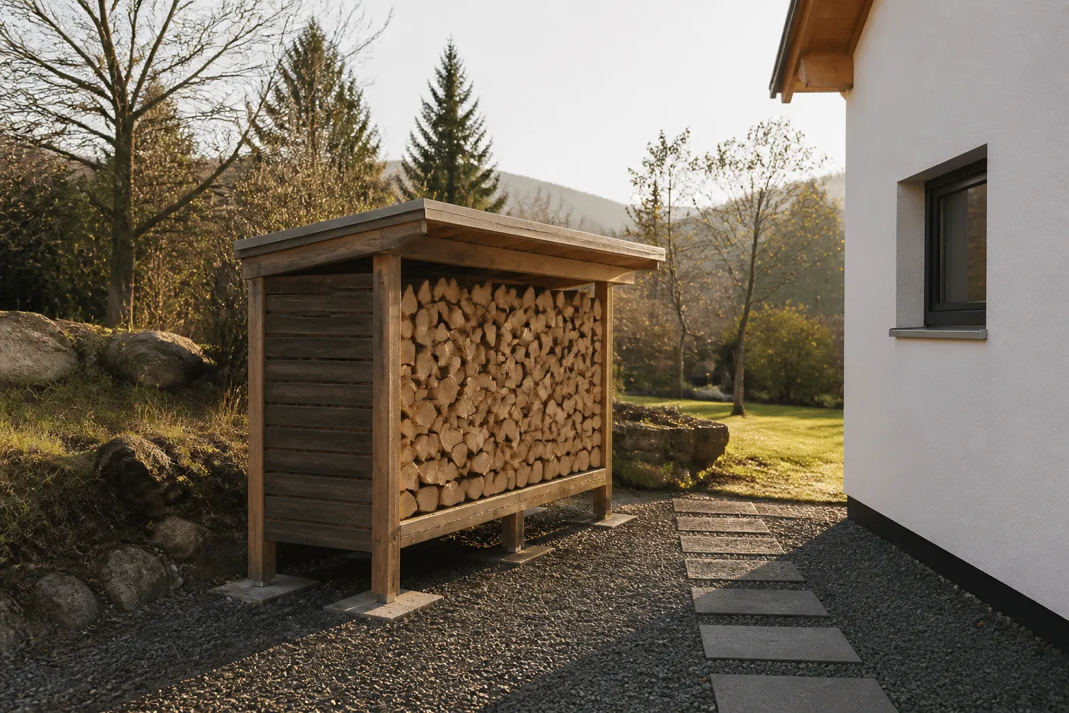 Abri a bois de chauffage pres d une maison neuve