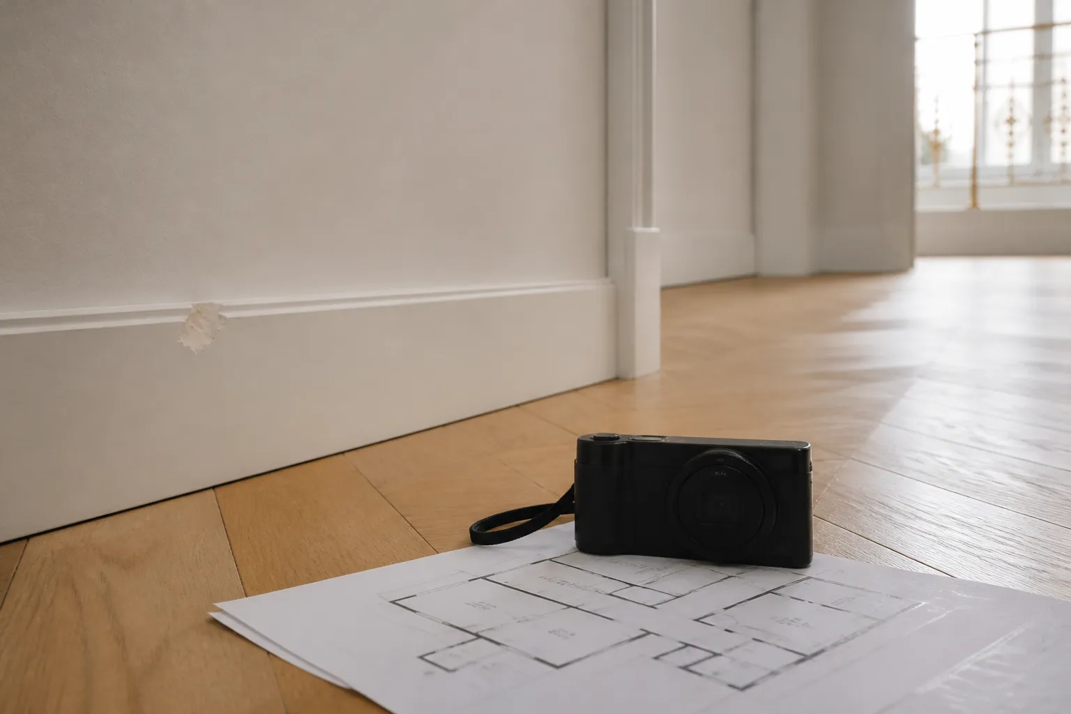 Appareil photo et plan annote pres d une plinthe