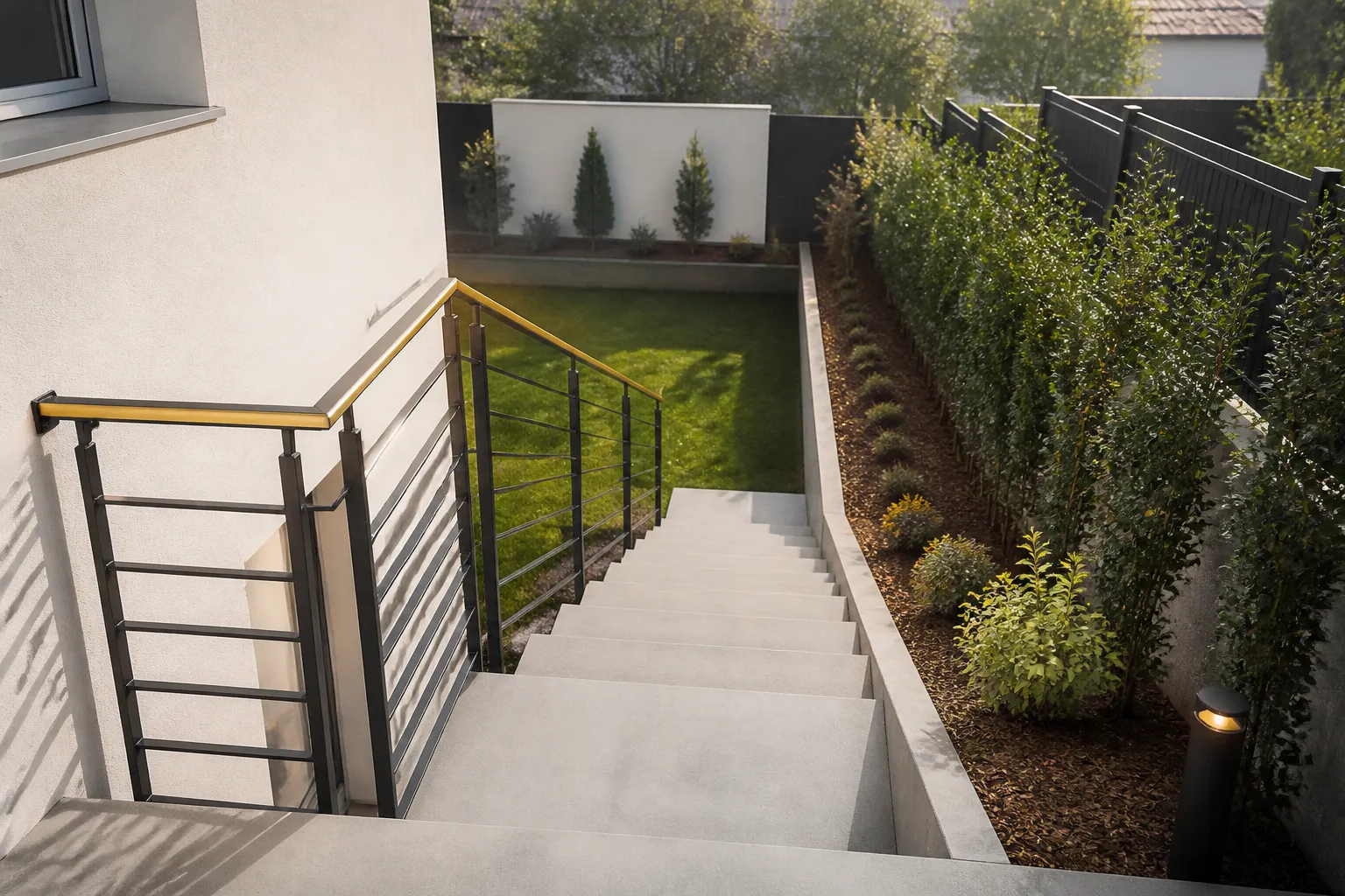 Escalier exterieur vers jardin controle a la livraison VEFA a Mantes-la-Jolie