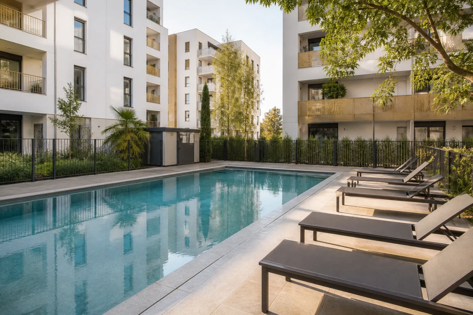 Piscine collective d une residence neuve observee lors d une livraison VEFA a Saint-Germain-en-Laye